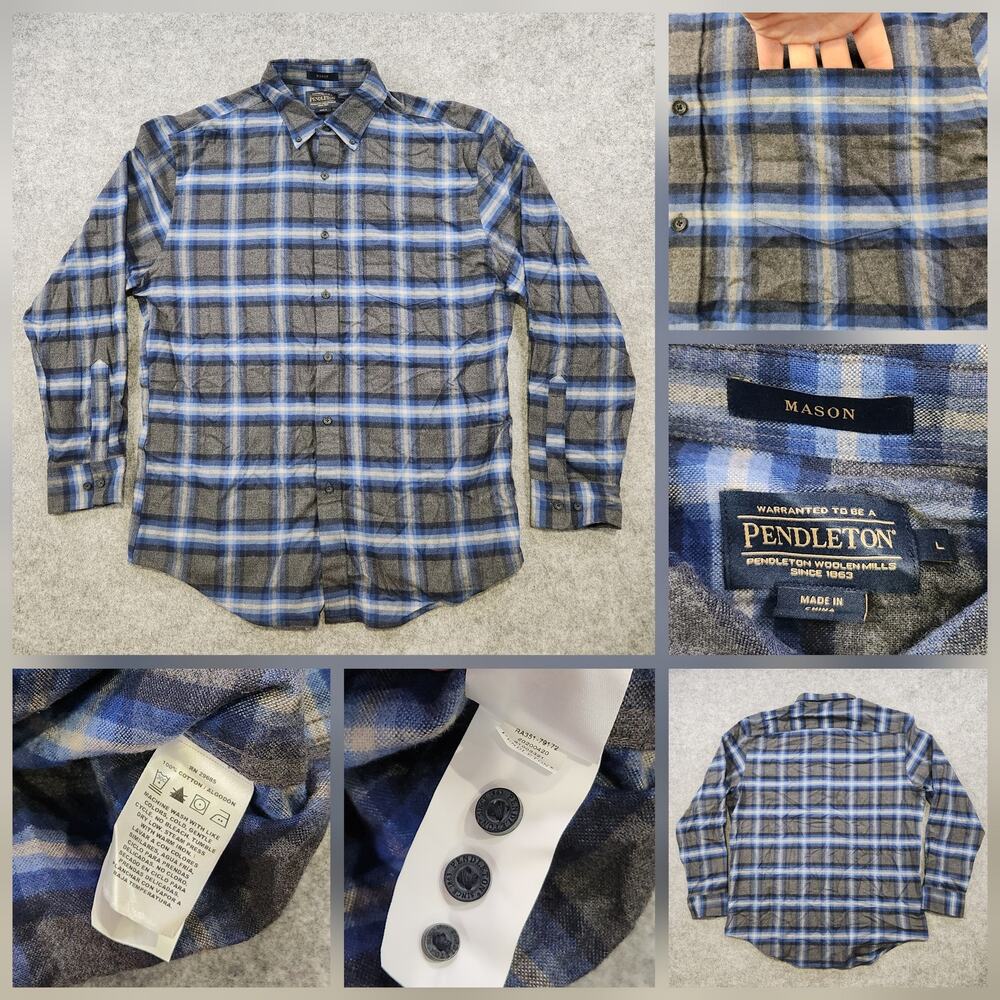 Pendleton Shirt Mens Large Blue Gray Plaid Button Down Long Sleeve Mason Cotton